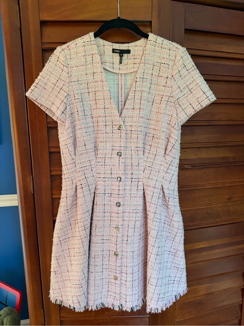 Maje Pink Tweed Button-Front Fit & Flare Dress